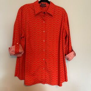 Jones New York Signature Orange Geometric Print Stretch Button Down Shirt 3X